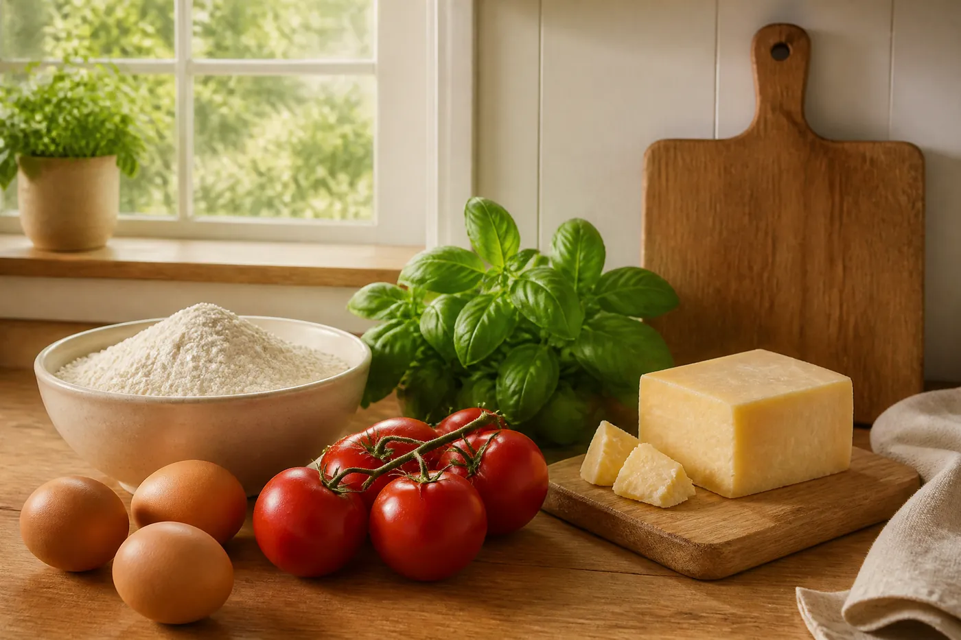 A kitchen counter in afternoon light with flour, eggs, tomatoes on the vine, basil and a block of cheese