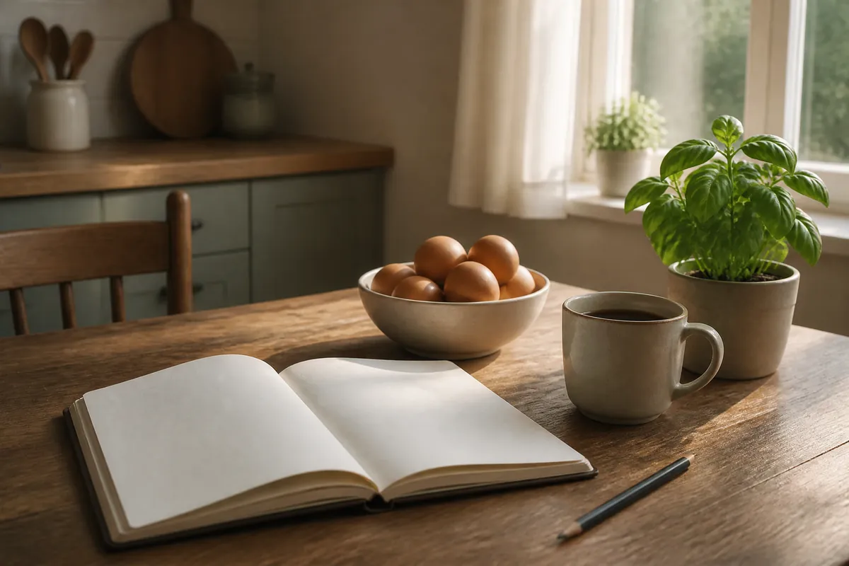 An open blank notebook and a pencil on a kitchen table beside eggs and a cup of coffee