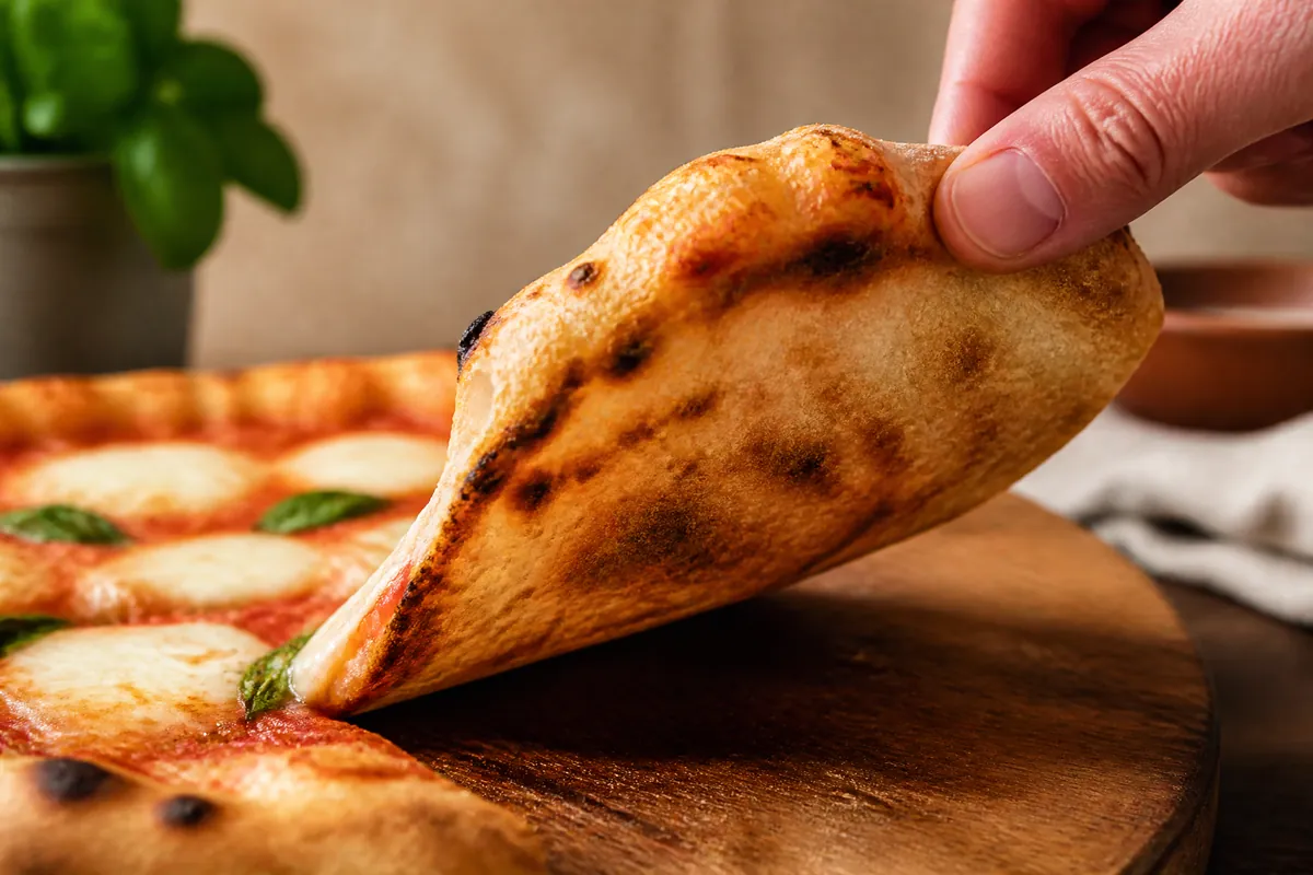 A slice of margherita pizza lifted from a board, showing a crisp browned base